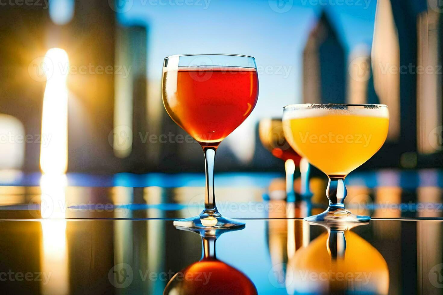 three glasses of different drinks are lined up on a table. AI-Generated photo