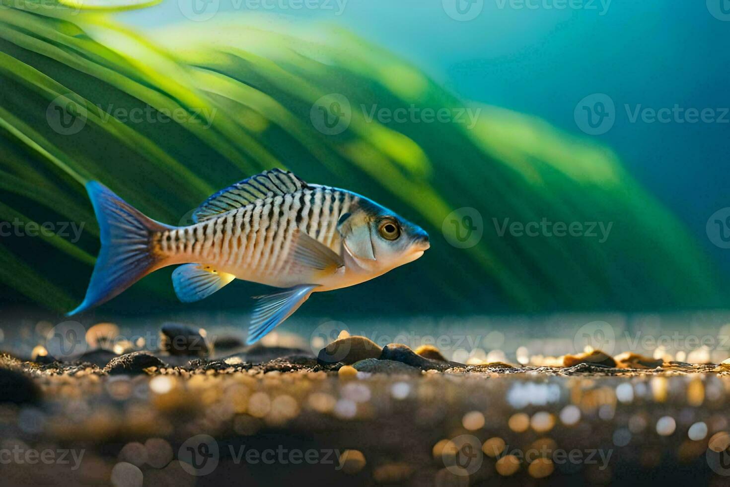 a fish is standing in front of a green plant. AI-Generated photo