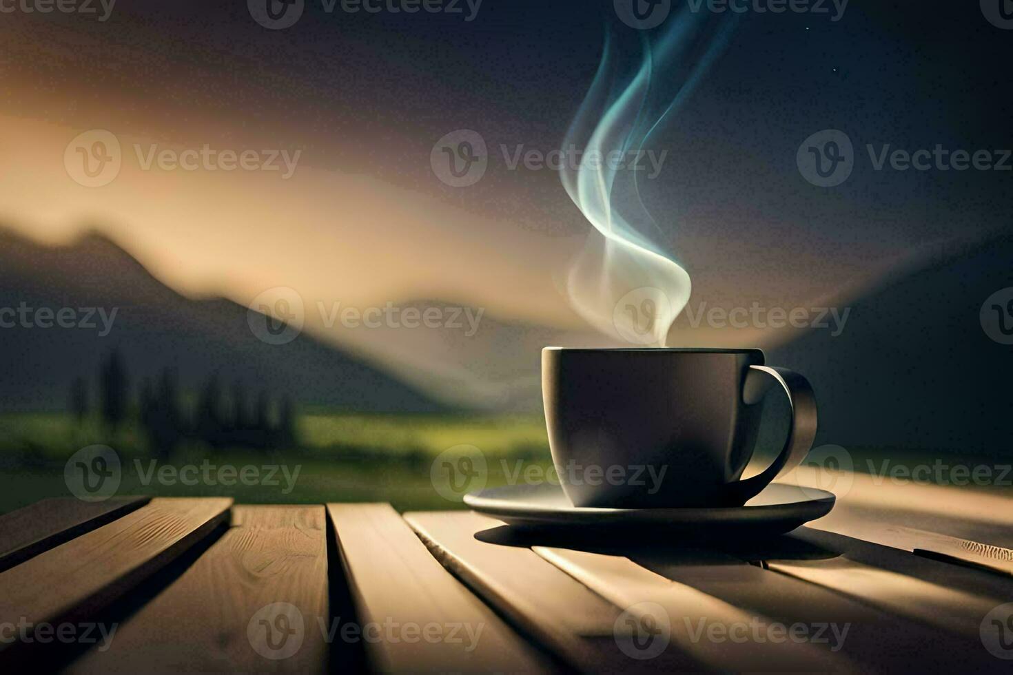the cup of coffee, mountains, nature, hd wallpaper. AI-Generated photo