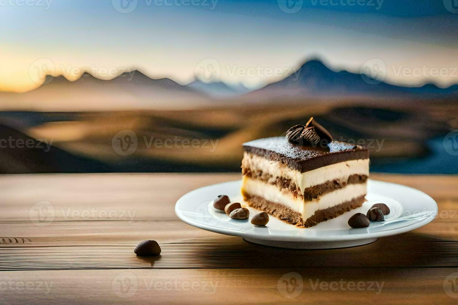 a piece of cake on a plate with mountains in the background. AI-Generated photo