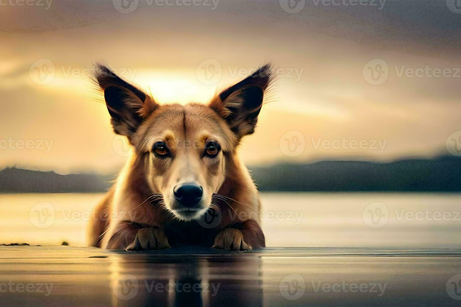 a dog laying on the beach at sunset. AI-Generated photo
