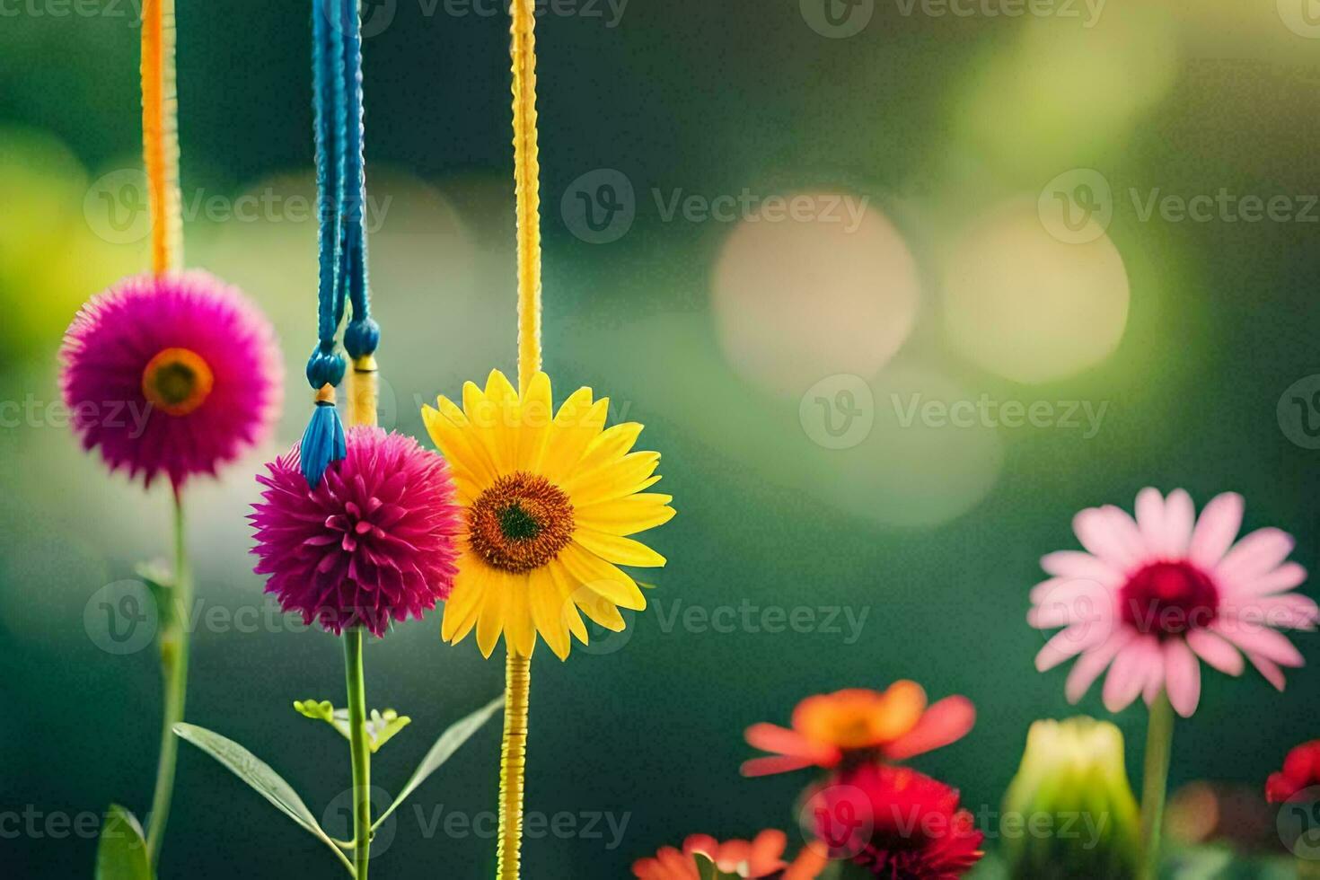 colorful flowers hanging from strings in a garden. AI-Generated photo