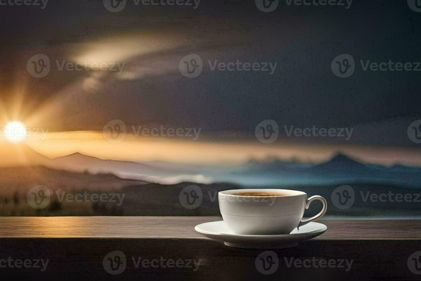 coffee cup on the window sill, mountains, sunrise, sunrise, the sky, the sun. AI-Generated photo