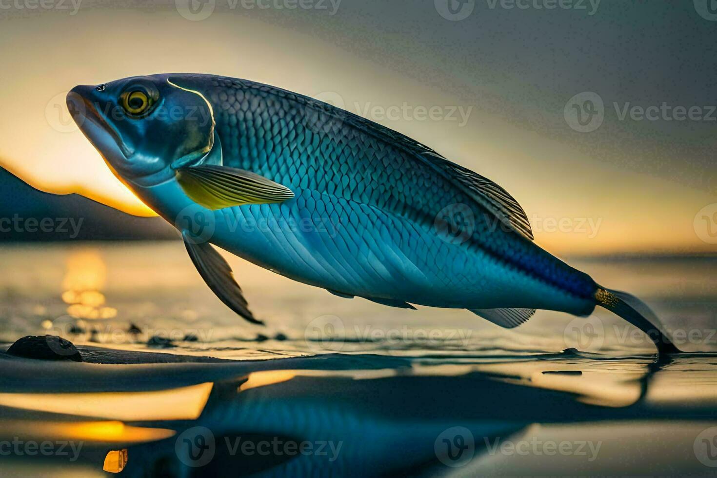 un pescado es saltando fuera de el agua a puesta de sol. generado por ai foto