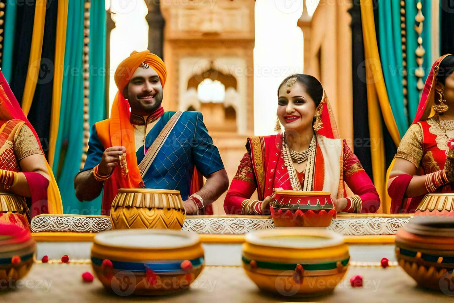 un Pareja en indio atuendo y un hombre y mujer en tradicional traje. generado por ai foto