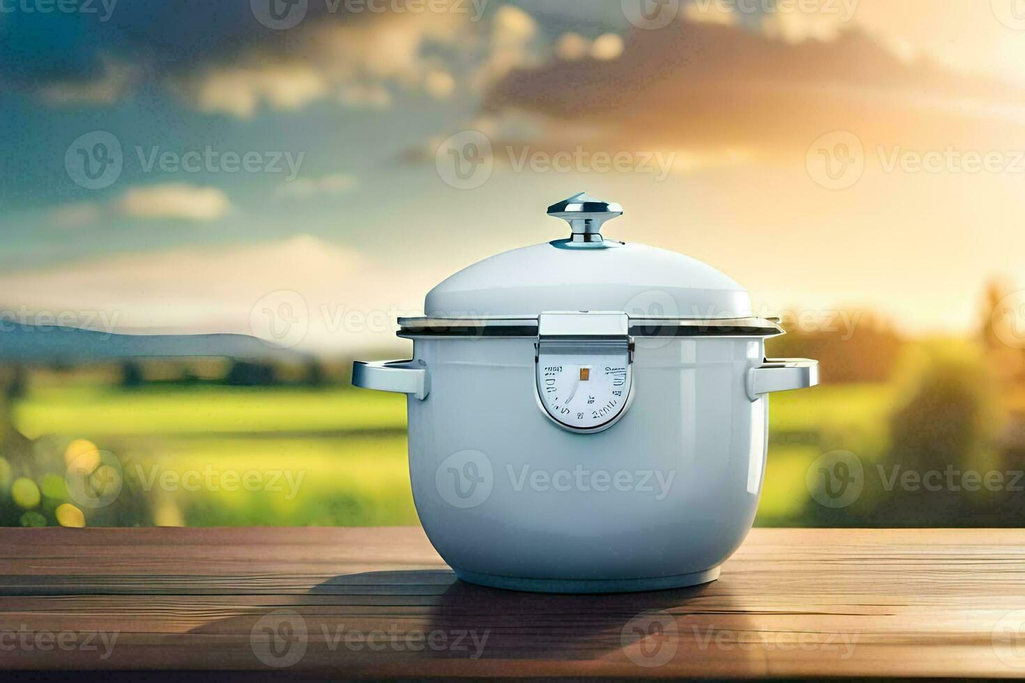 a white pressure cooker on a wooden table. AI-Generated photo