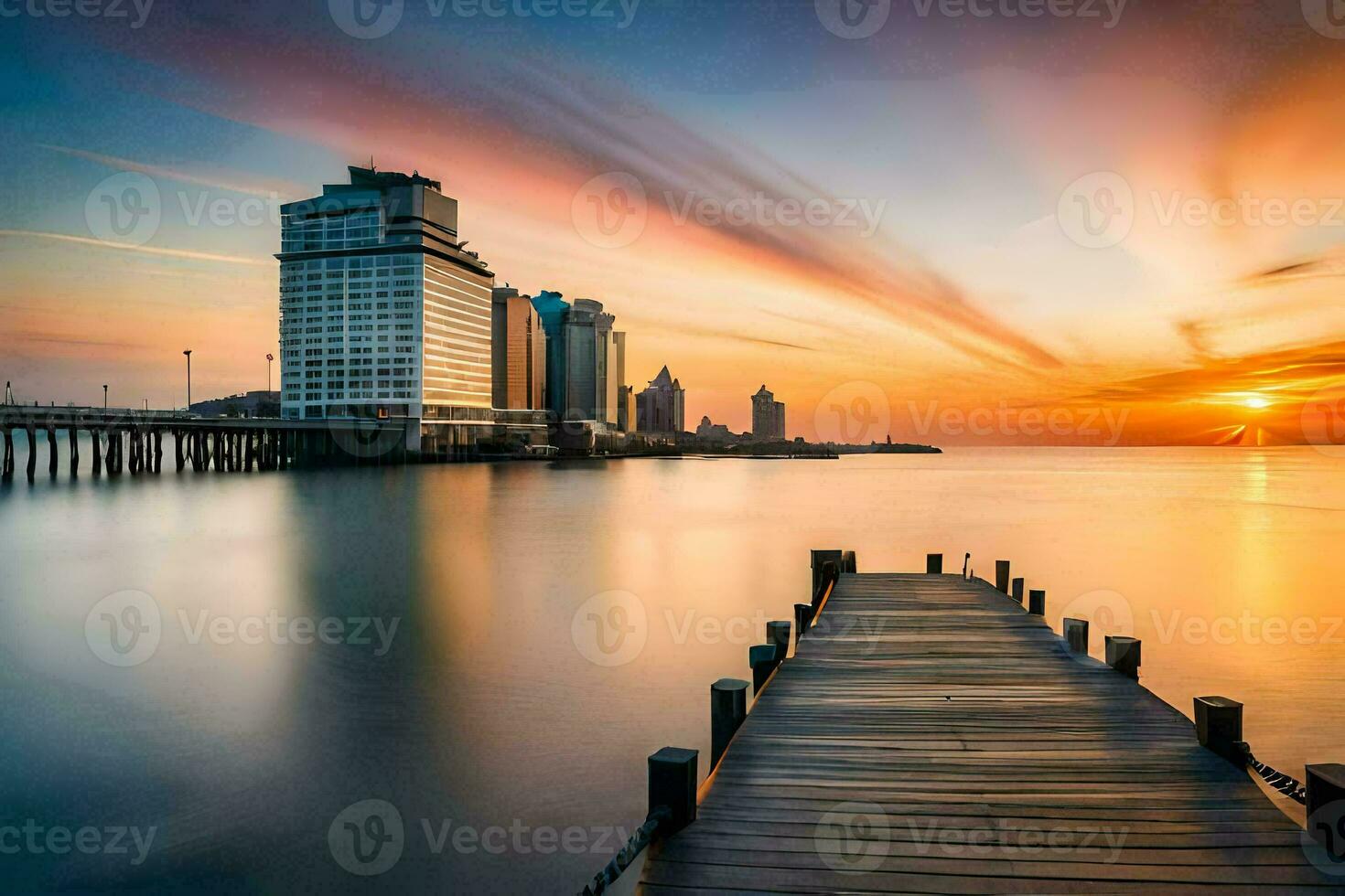 a pier in the middle of the ocean with a city skyline in the background. AI-Generated photo