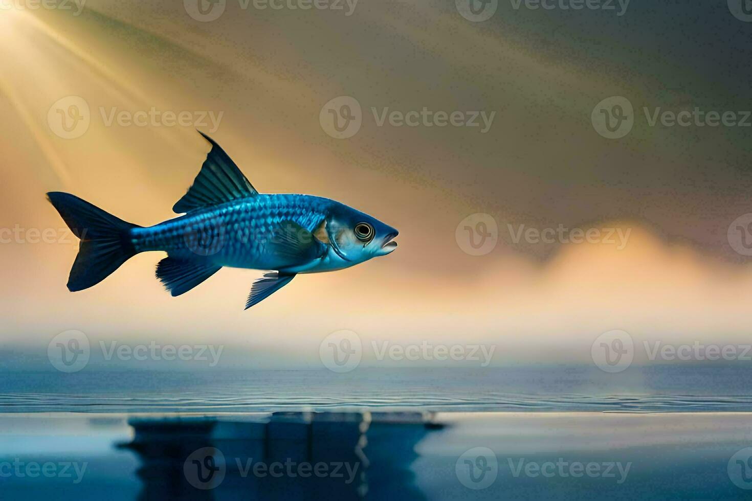 a fish is flying over the water with the sun shining. AI-Generated photo