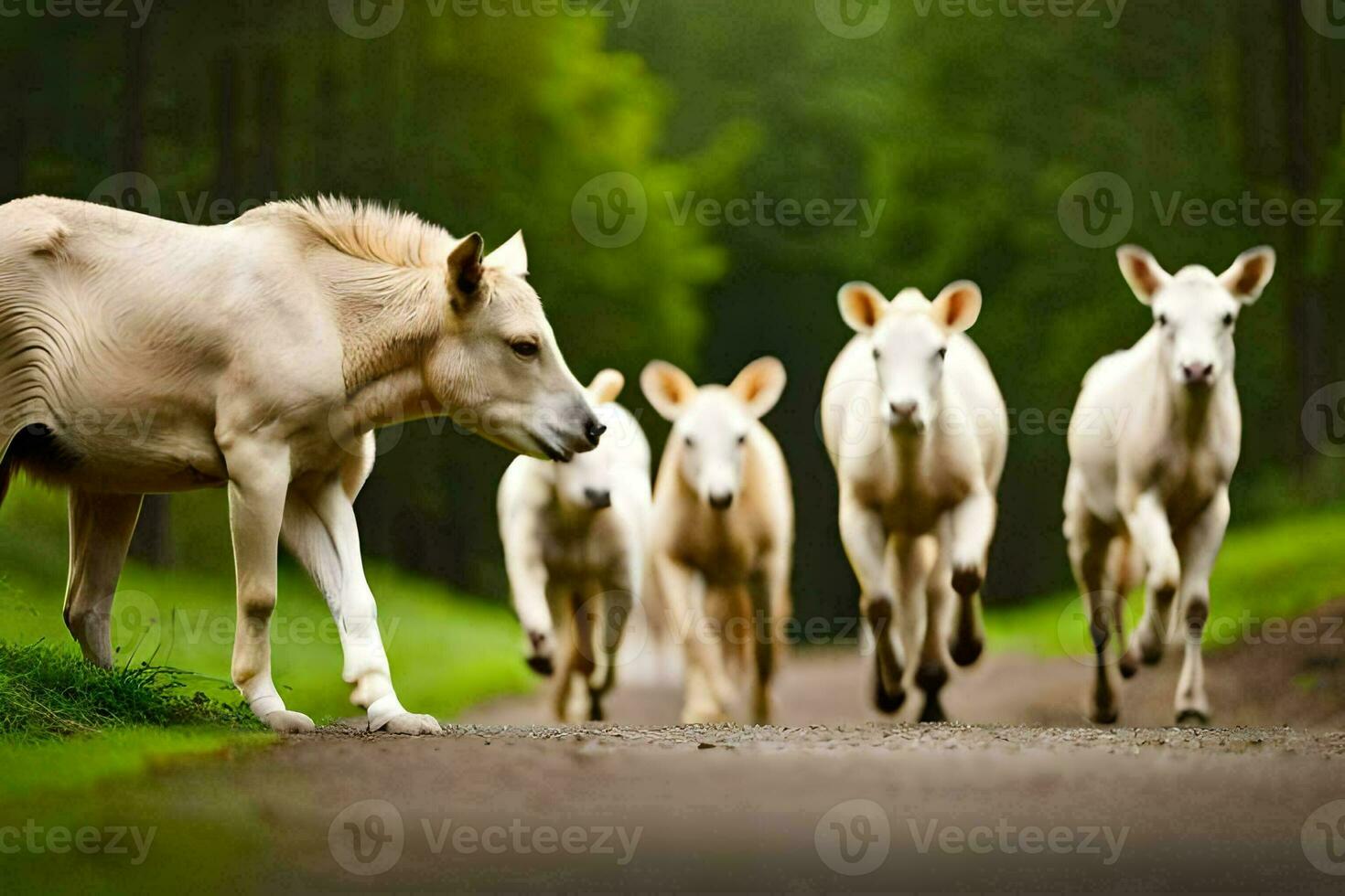 a herd of white cows walking down a road. AI-Generated photo