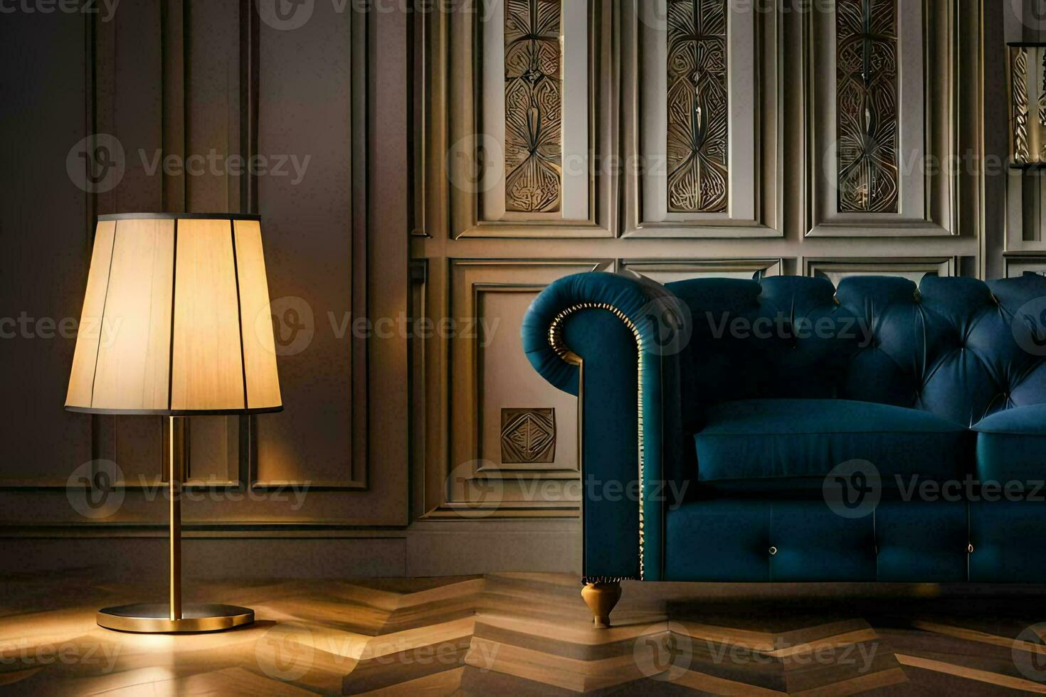 a blue couch in a room with a wooden floor. AI-Generated photo