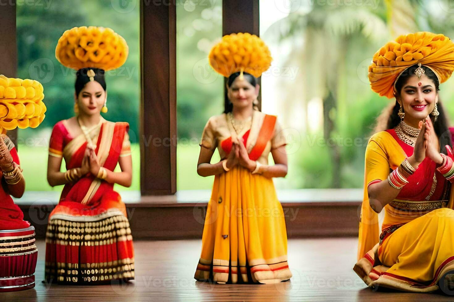 indio mujer en tradicional atuendo ejecutando un bailar. generado por ai foto