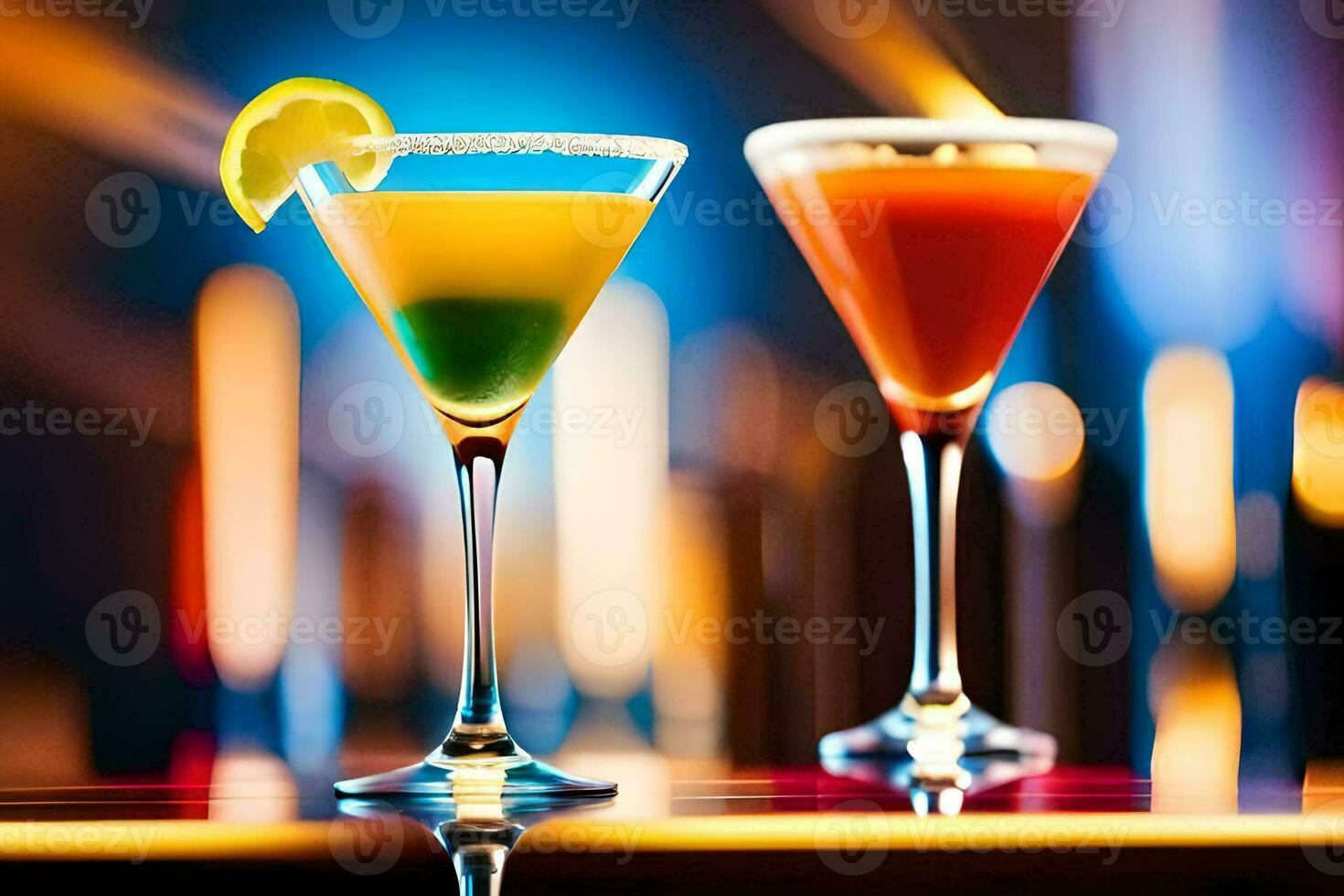 two colorful cocktails sit on a bar. AI-Generated photo