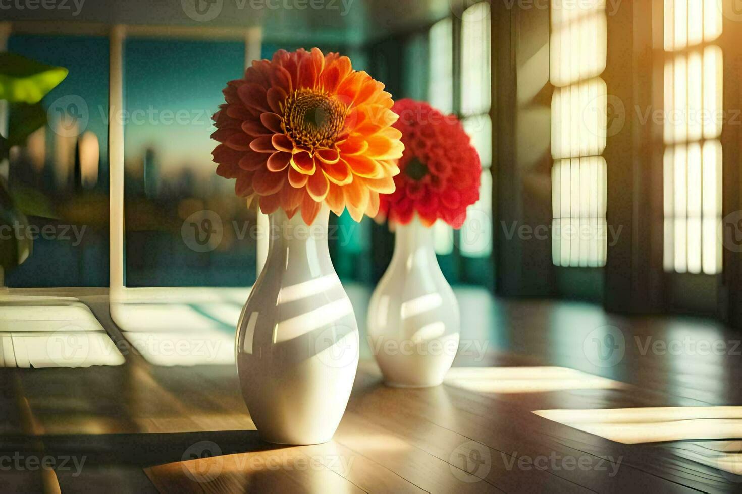 two vases with flowers sitting on a wooden floor. AI-Generated photo