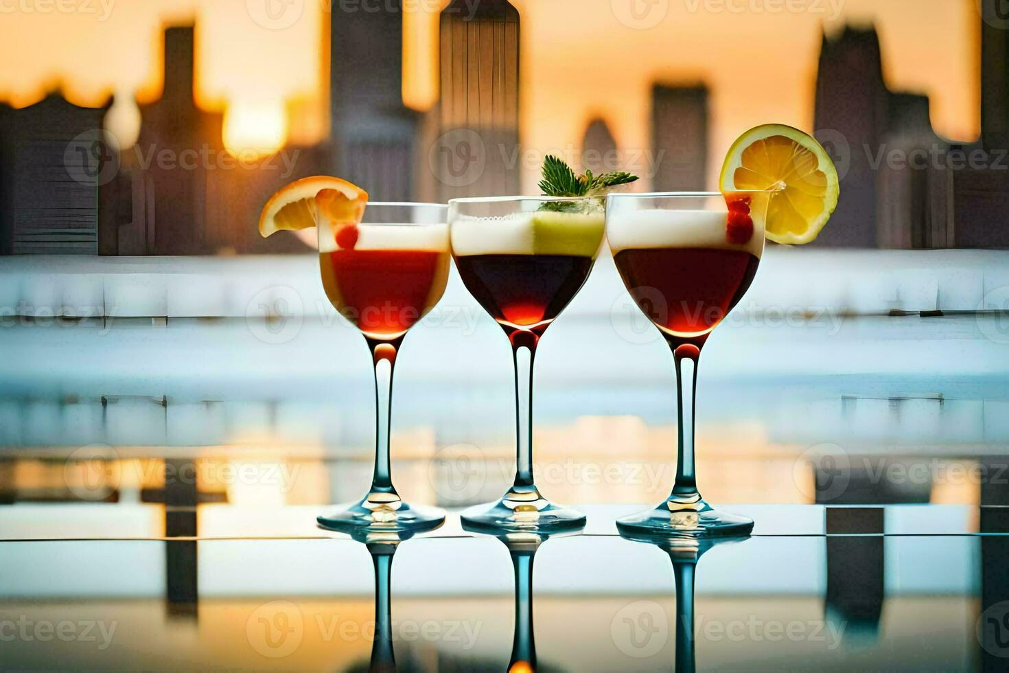 three glasses of alcohol with a city skyline in the background. AI-Generated photo
