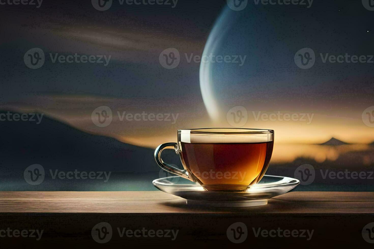 a cup of tea sits on a table with a mountain in the background. AI-Generated photo