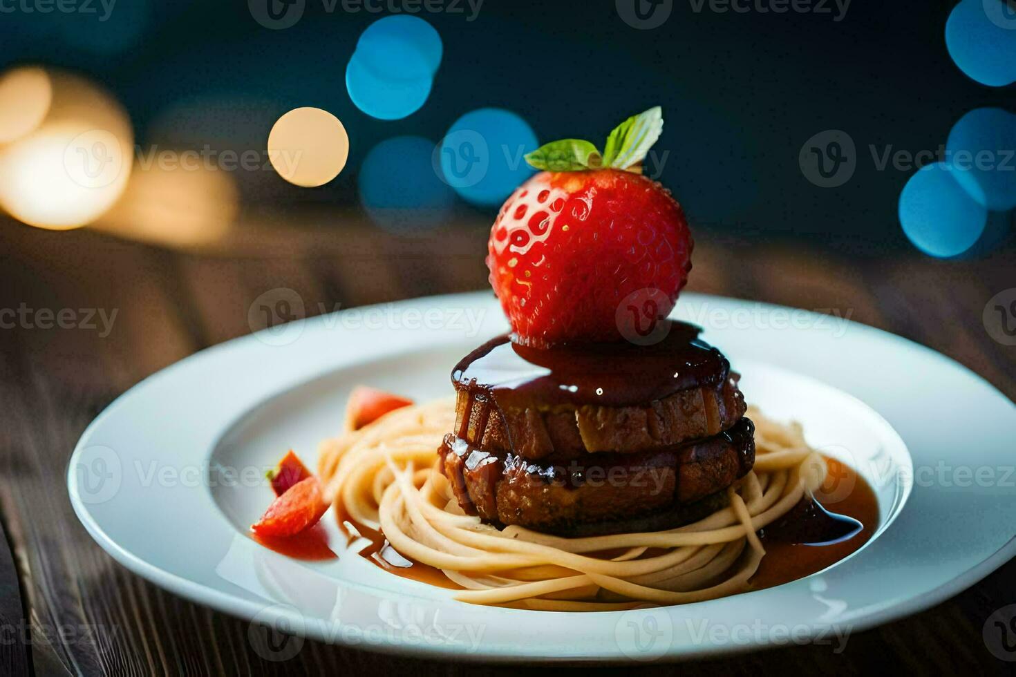 a plate topped with spaghetti and strawberries. AI-Generated photo