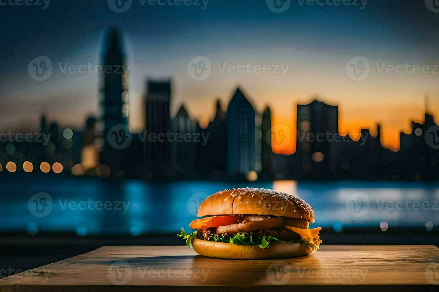 un hamburguesa en un mesa en frente de un ciudad horizonte. generado por ai foto