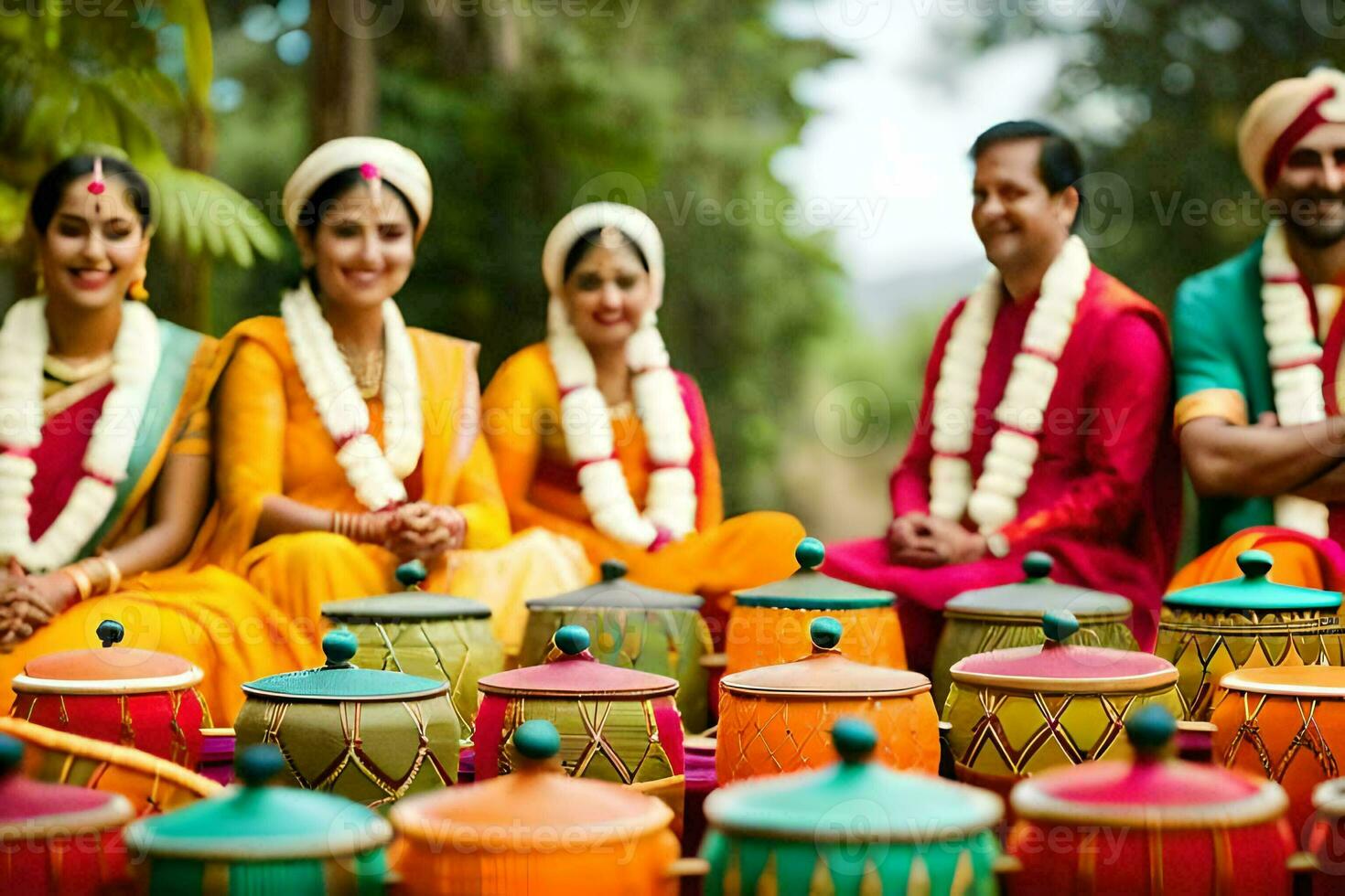 a group of people in colorful saris sitting around drums. AI-Generated photo