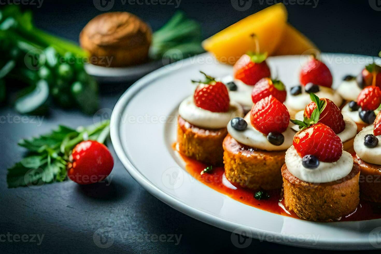 un plato con mini pasteles coronado con fresas generado por ai foto