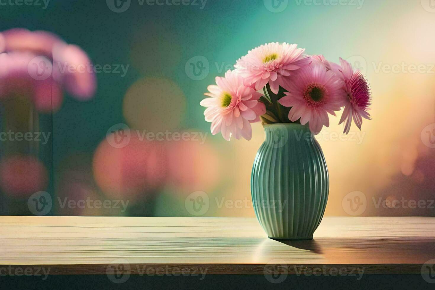 pink flowers in a vase on a table. AI-Generated photo