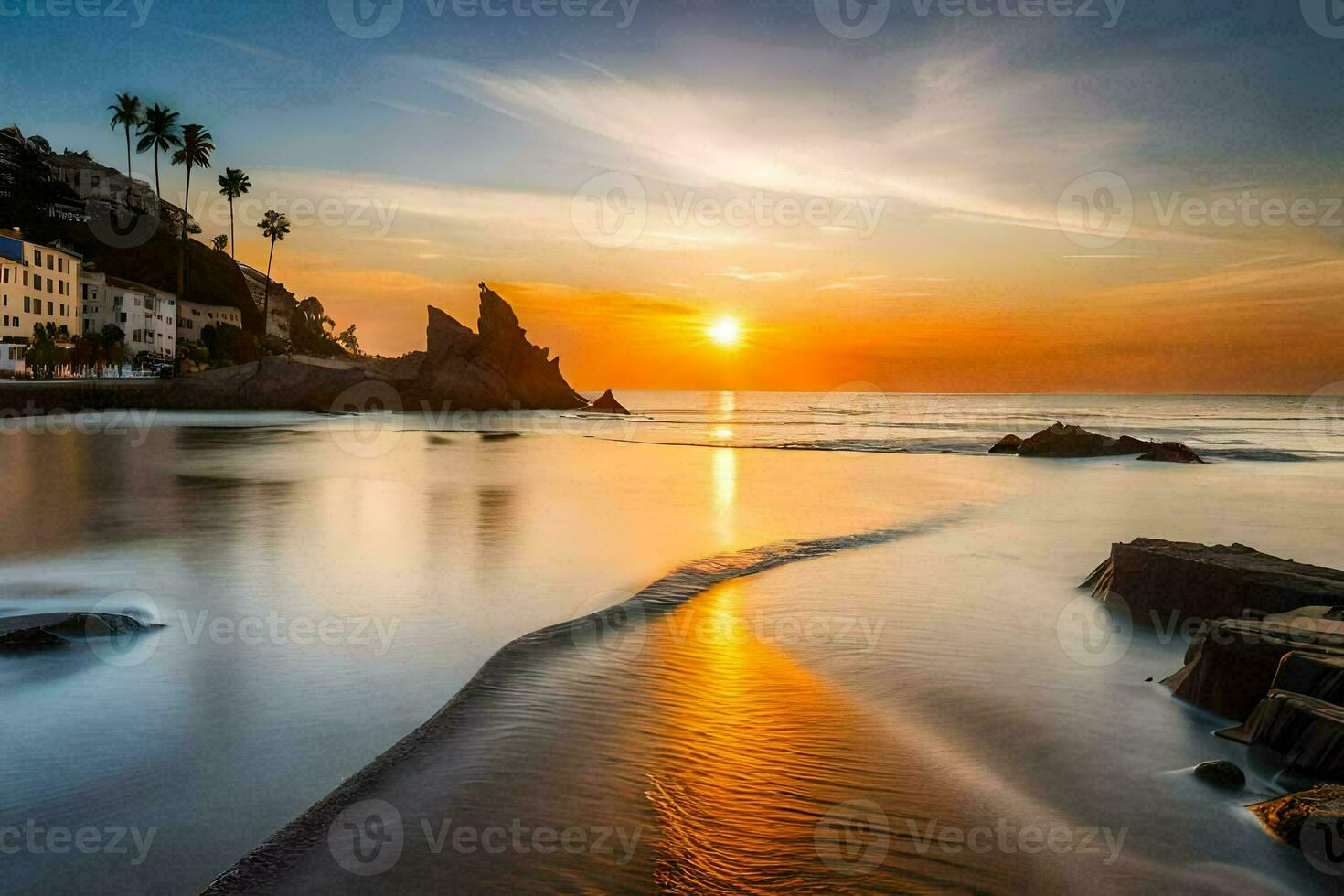 the sun sets over the ocean in this photo. AI-Generated photo