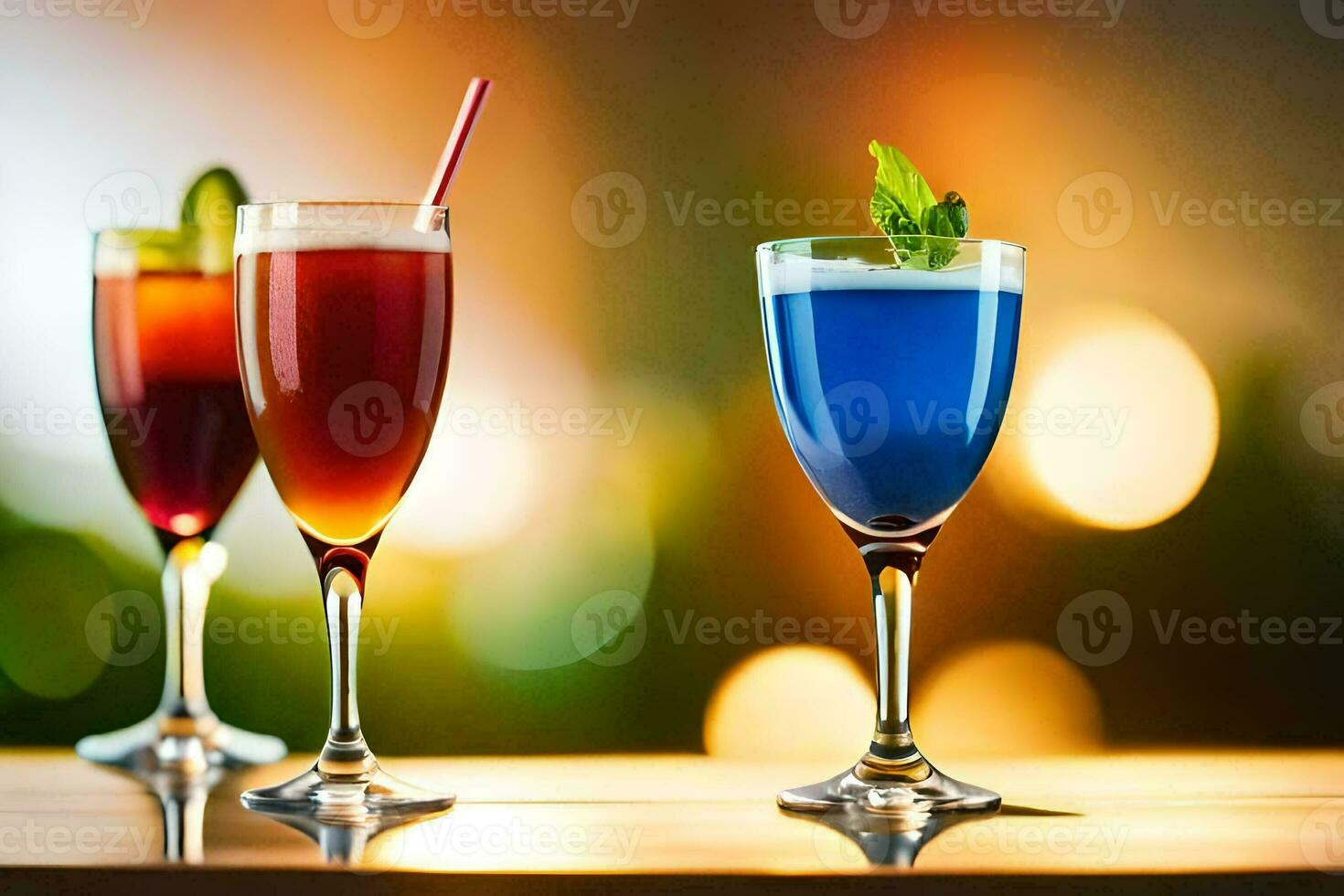 Tres diferente de colores bebidas en lentes en un mesa. generado por ai foto