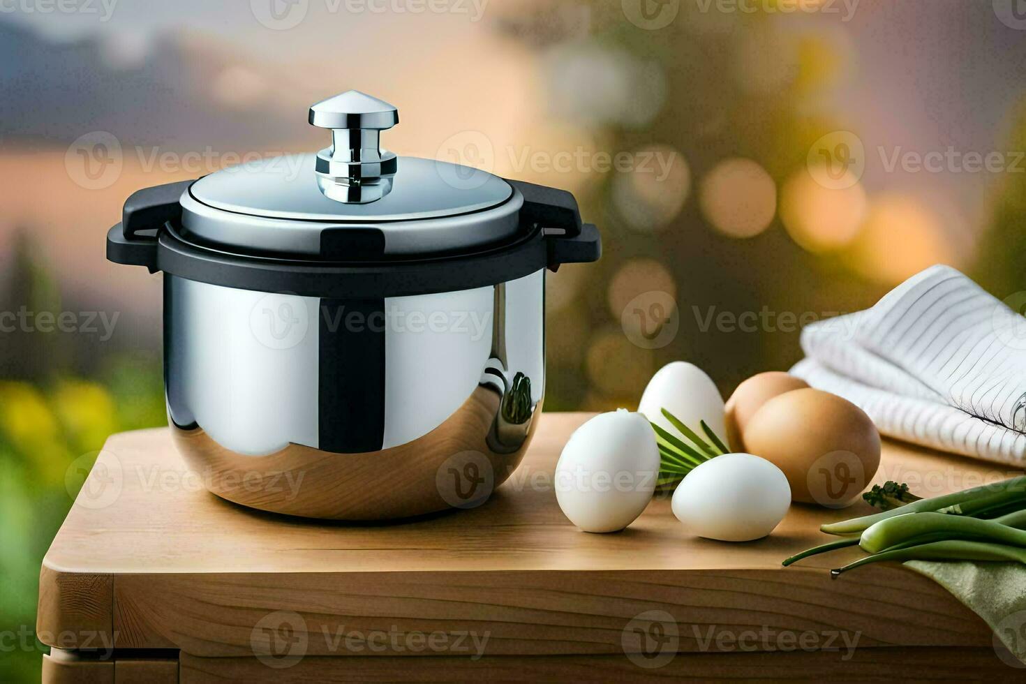 a stainless steel pot with eggs and vegetables on a table. AI-Generated photo