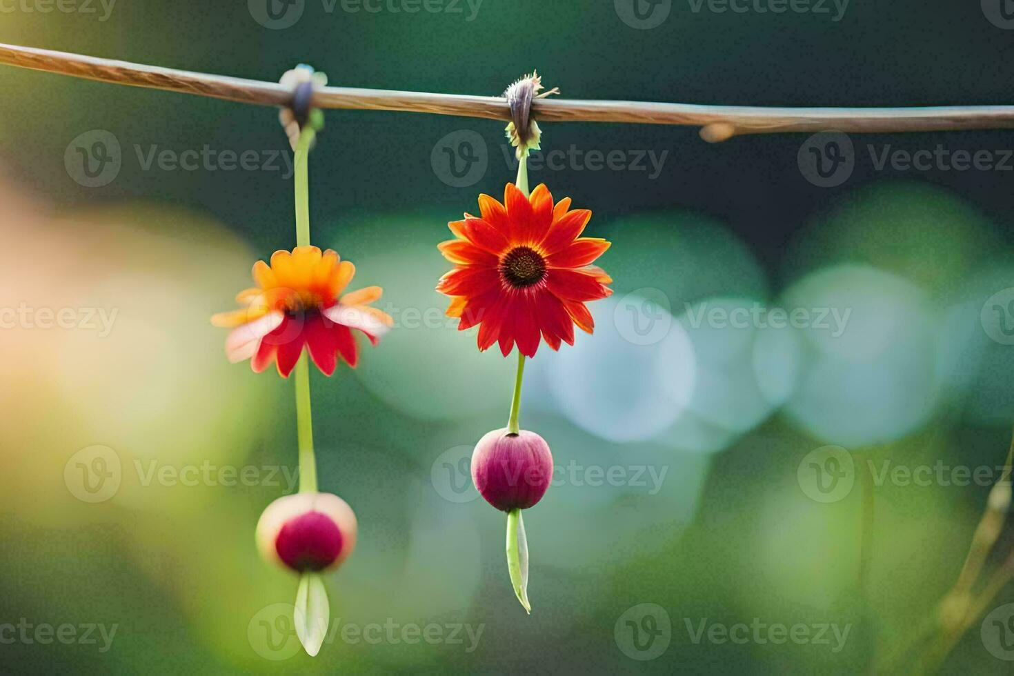 dos flores colgando desde un cable. generado por ai foto