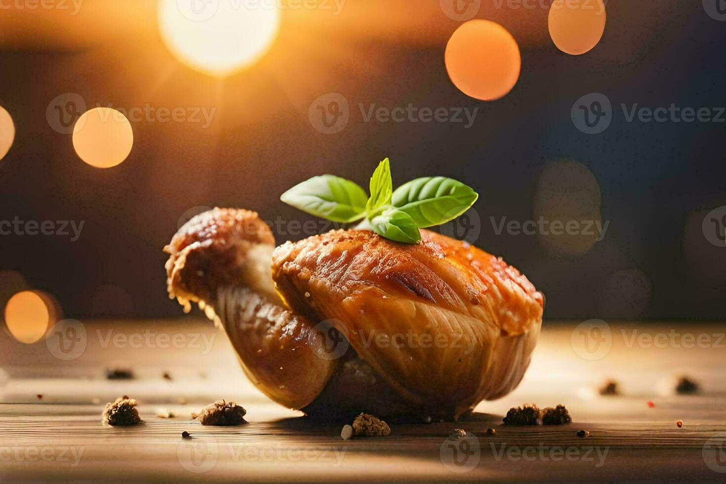 a chicken wrapped in bacon and sitting on a wooden table. AI-Generated photo