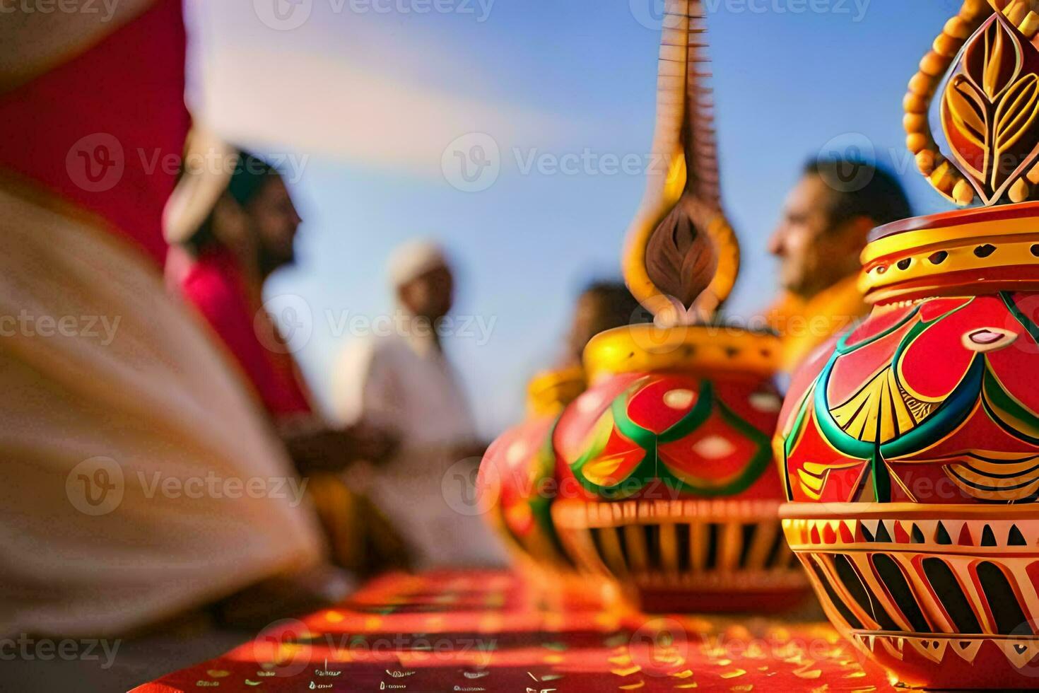 a group of people standing around a colorful pot. AI-Generated photo