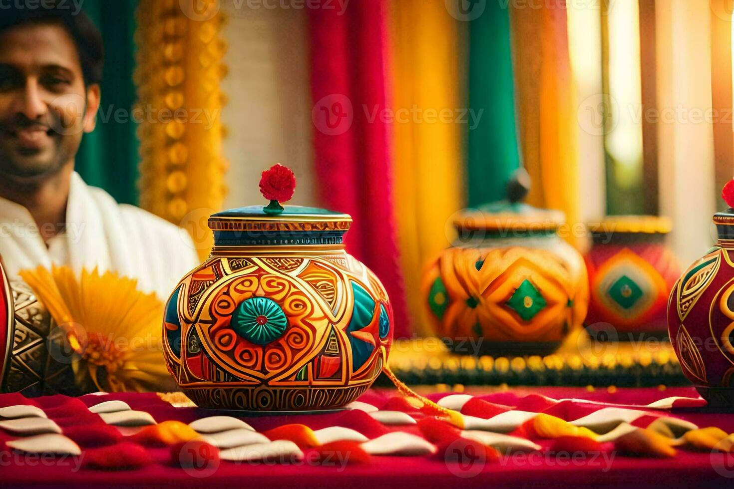 a man is smiling in front of colorful pots. AI-Generated photo