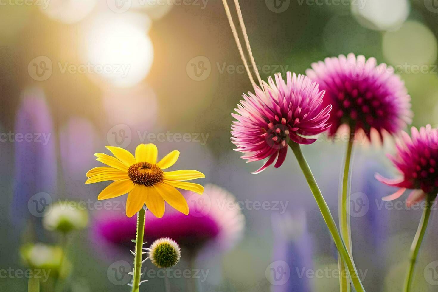 a field of flowers with sun shining through. AI-Generated photo