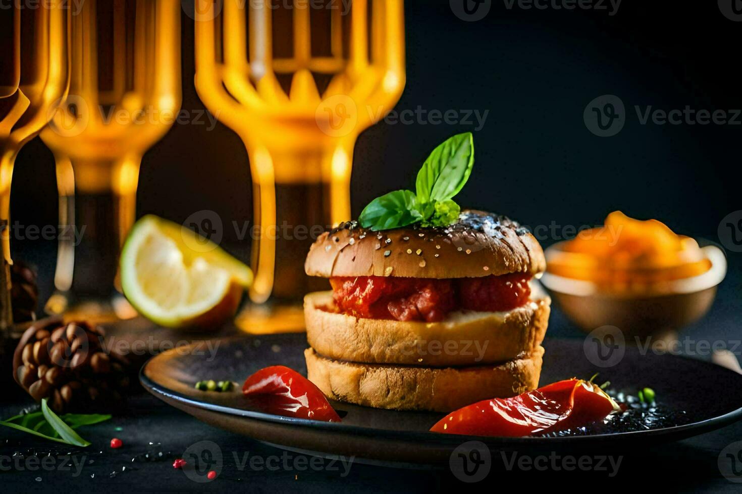 a plate with a burger and some drinks. AI-Generated photo