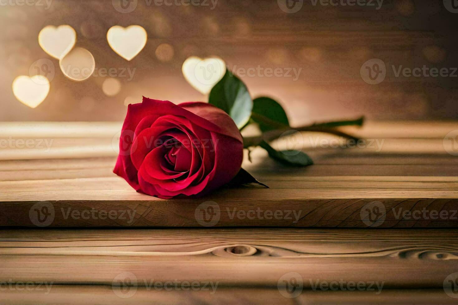 a single red rose on a wooden table with hearts in the background. AI-Generated photo