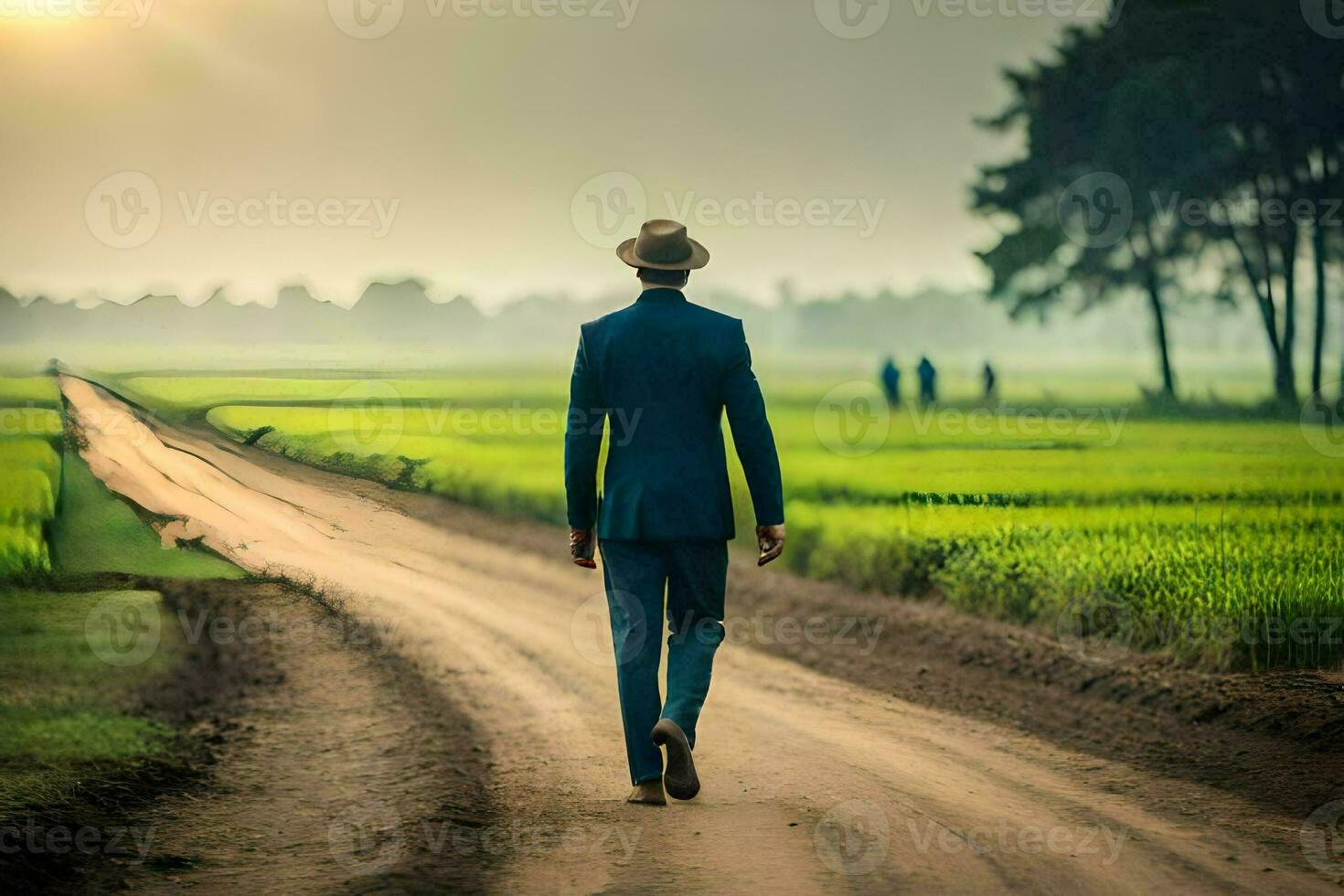 un hombre en un traje y sombrero camina abajo un suciedad la carretera. generado por ai foto