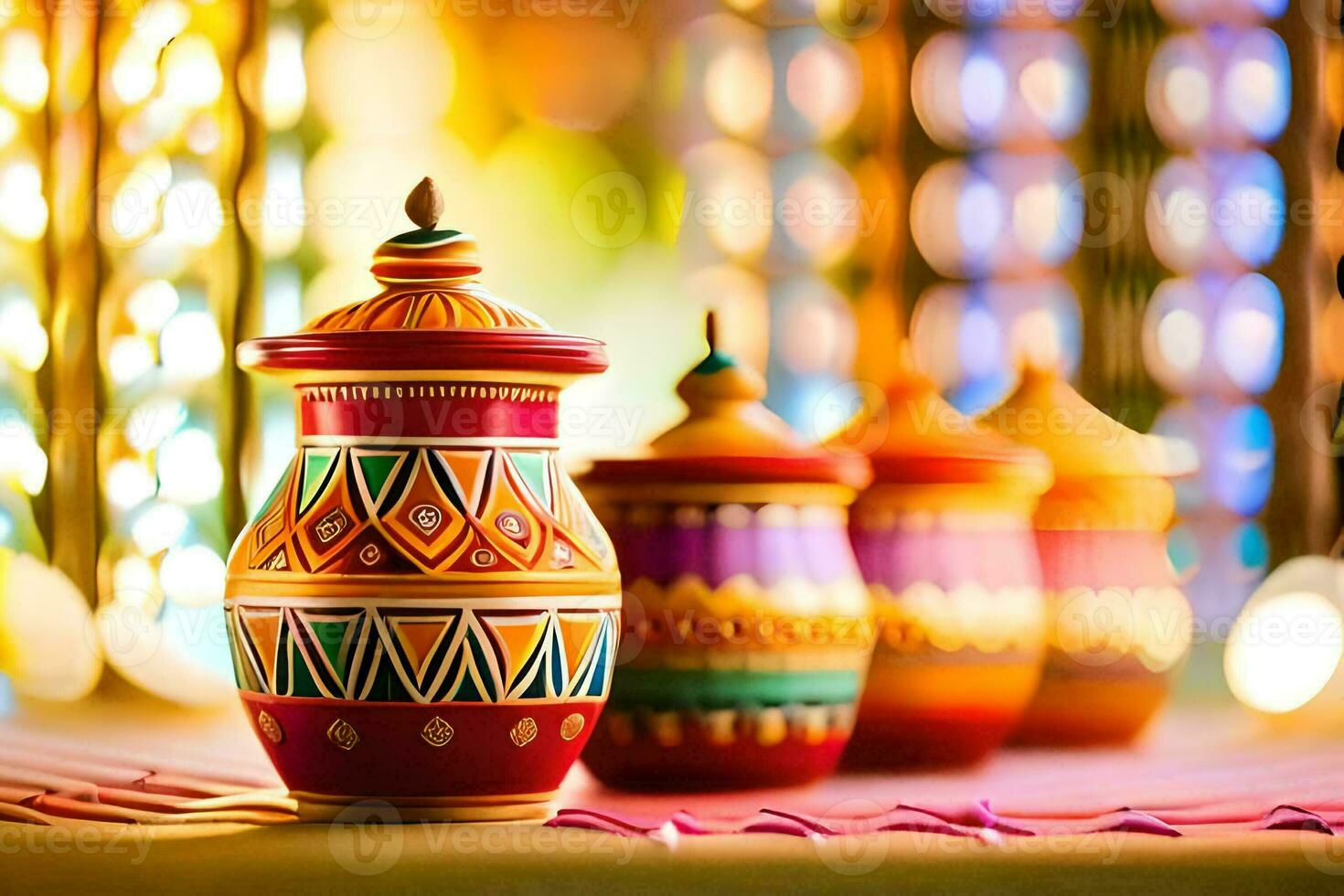 colorful pots and vases sit on a table. AI-Generated photo