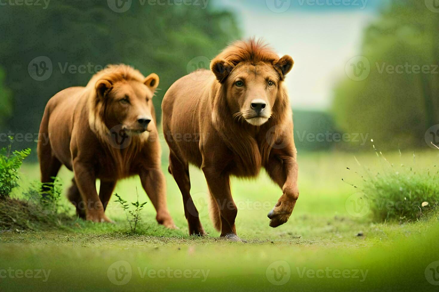 dos leones caminando en el césped. generado por ai foto