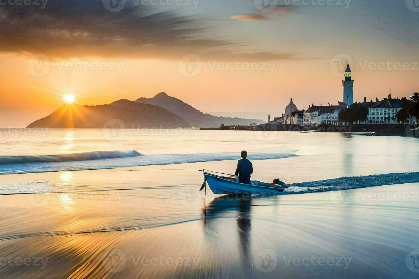 un hombre en un barco en el playa a puesta de sol. generado por ai foto