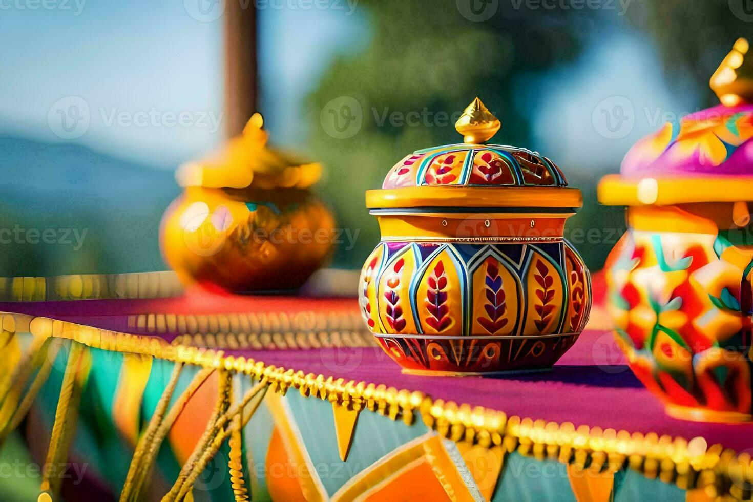 colorful pots on a table with a gold lid. AI-Generated photo