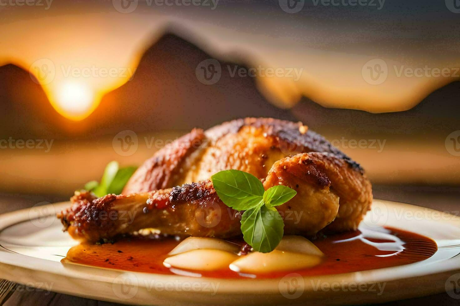 chicken with sauce and vegetables on a plate. AI-Generated photo
