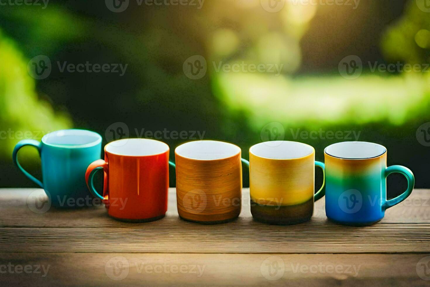 five colorful coffee mugs lined up on a wooden table. AI-Generated photo
