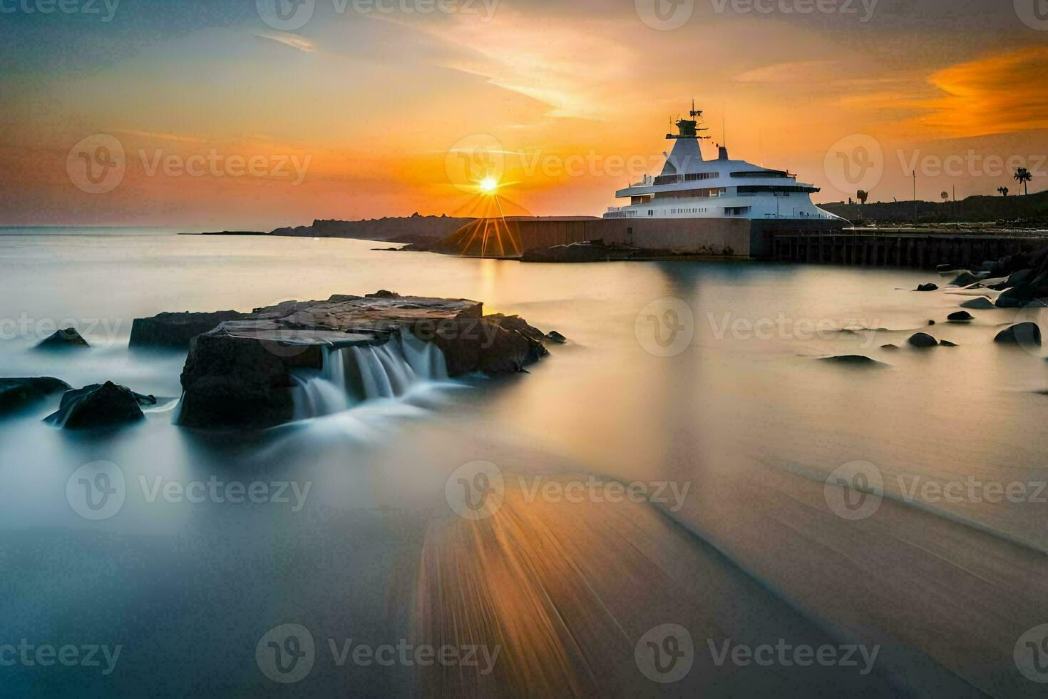 un faro a puesta de sol con rocas y agua. generado por ai foto