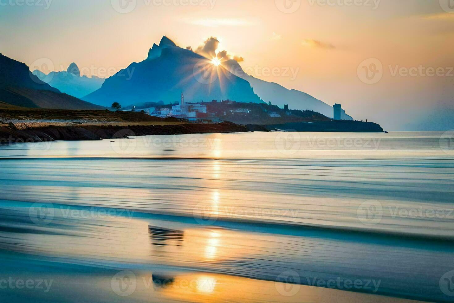 the sun rises over the mountains and beach. AI-Generated photo