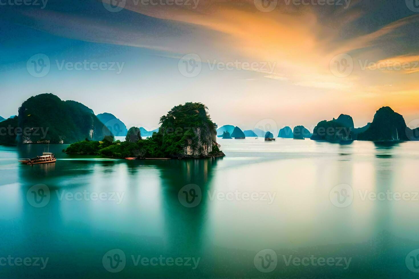 the sunset over halong bay, vietnam. AI-Generated photo