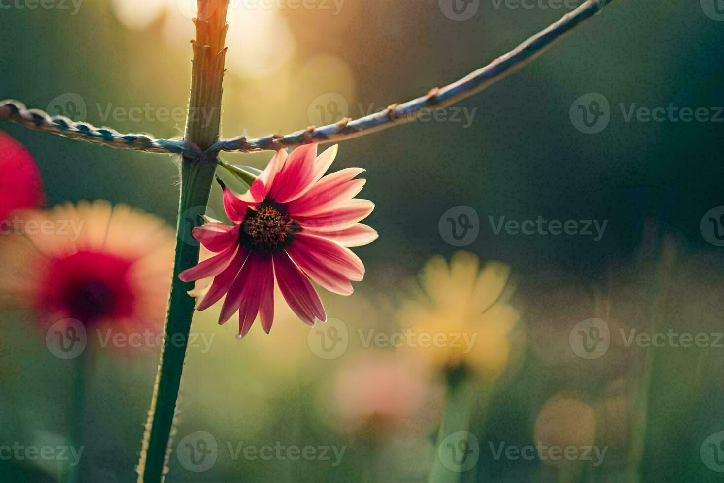 a pink flower is standing in the middle of a field. AI-Generated photo