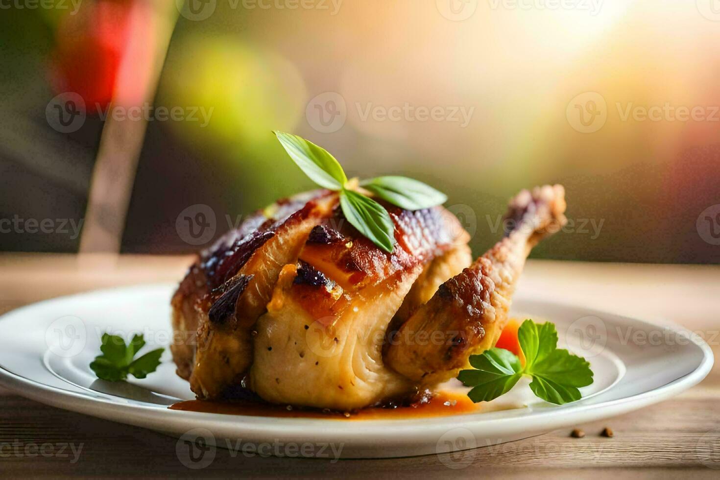 un pollo en un plato con salsa y hierbas. generado por ai foto