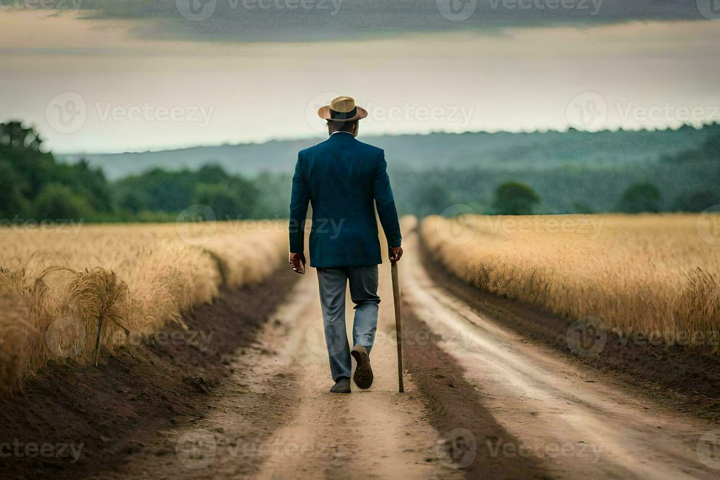 un hombre en un traje y sombrero caminando abajo un suciedad la carretera. generado por ai foto