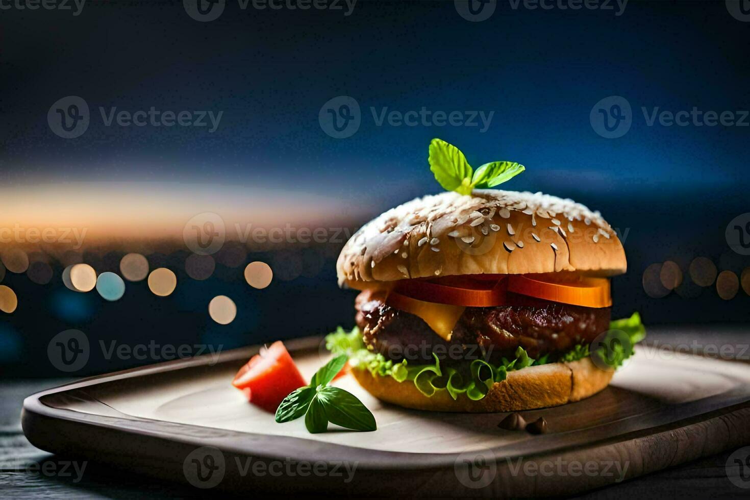 a hamburger on a wooden plate with a city view. AI-Generated photo