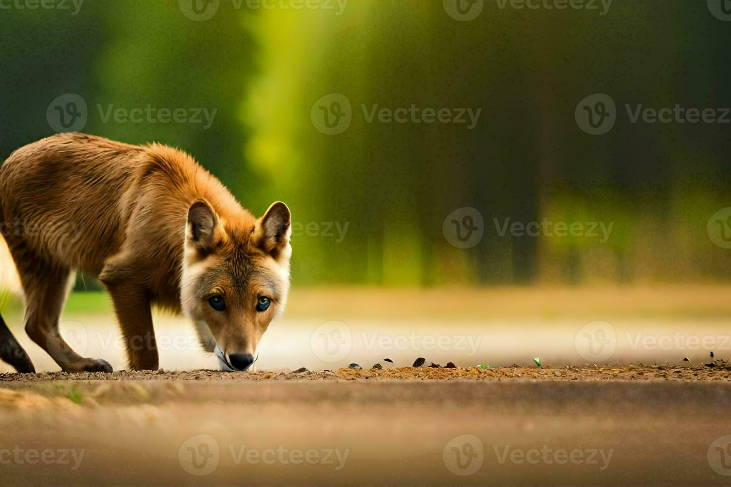 a wolf is walking on the road in the forest. AI-Generated photo