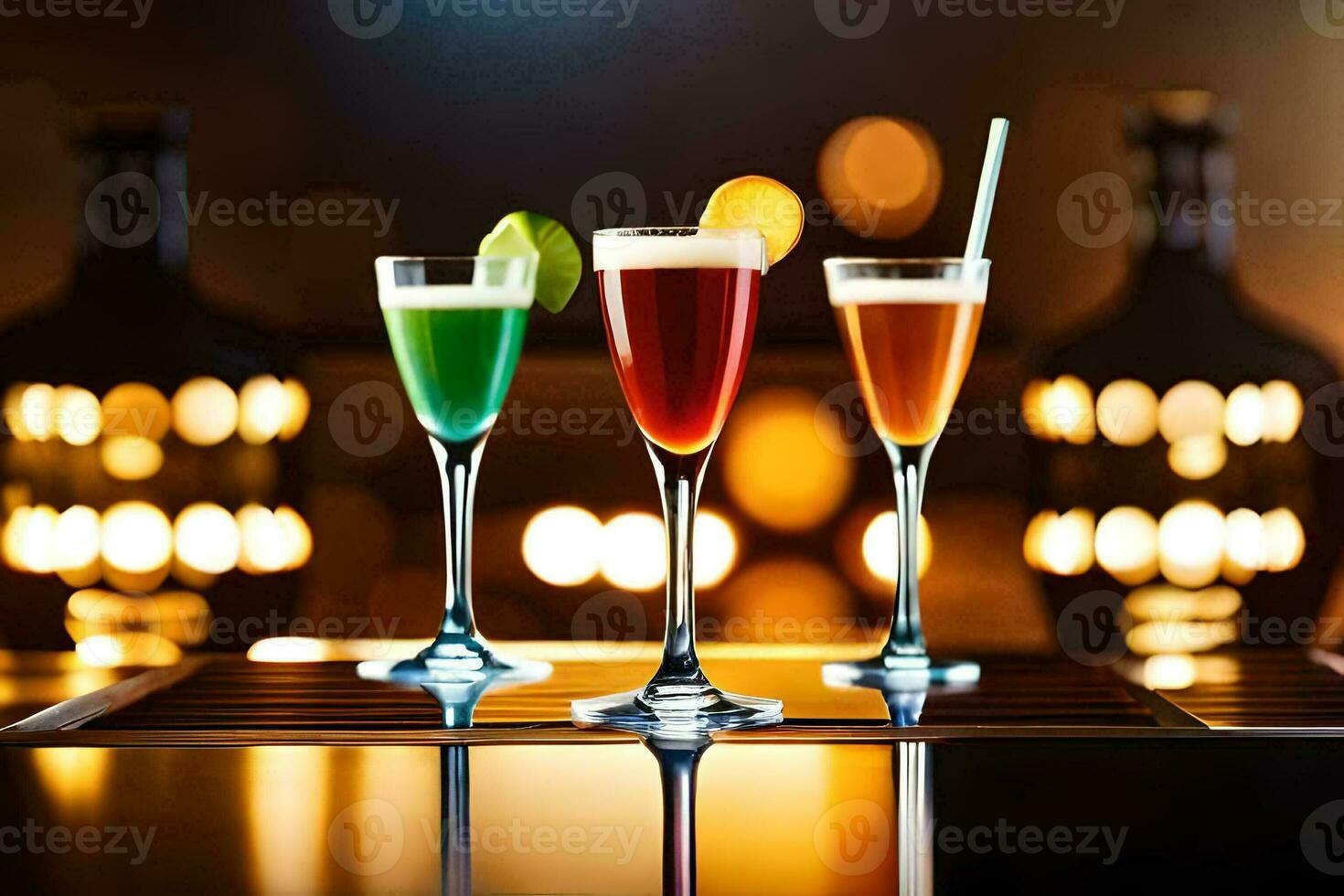 three different colored cocktails in glasses on a bar. AI-Generated photo